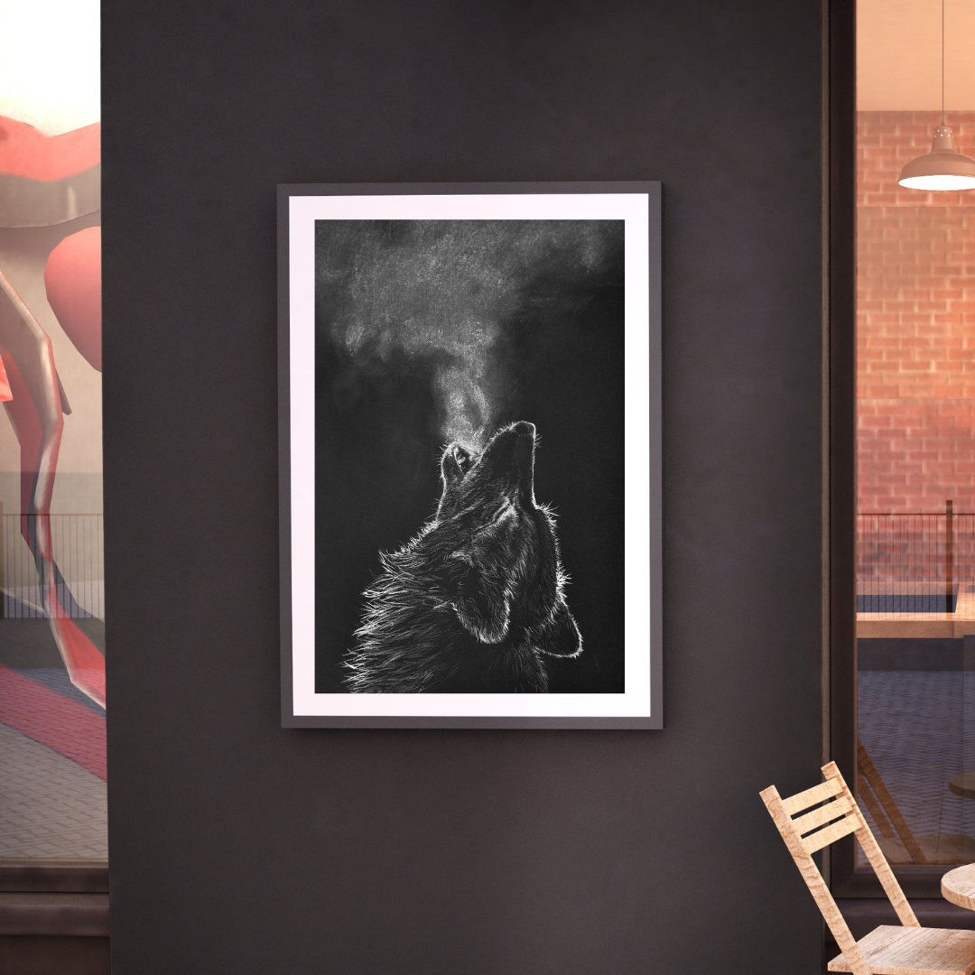 B&W Wolf Howling Portrait | Aesthetic Wall Frame Poster