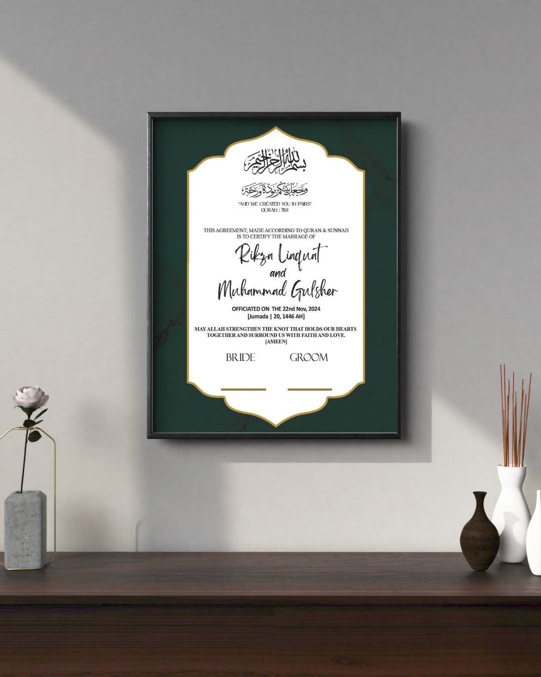 Forever United: Personalized Nikkah Certificate Frames-Timeless Keepsakes of forever eternal love